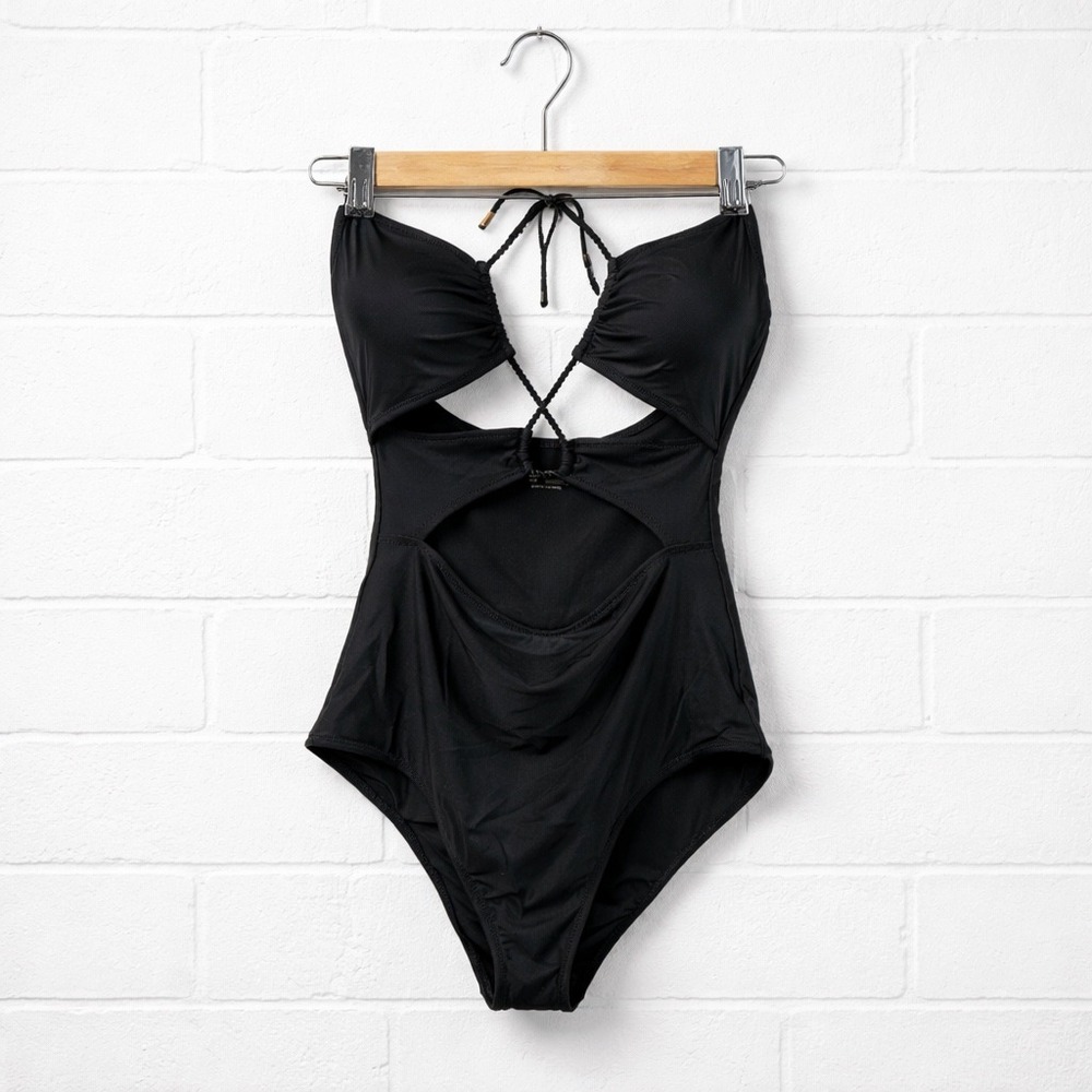 NWT Aerie One Piece Swimsuit Women Medium Black Cutout Sexy Braided Halter